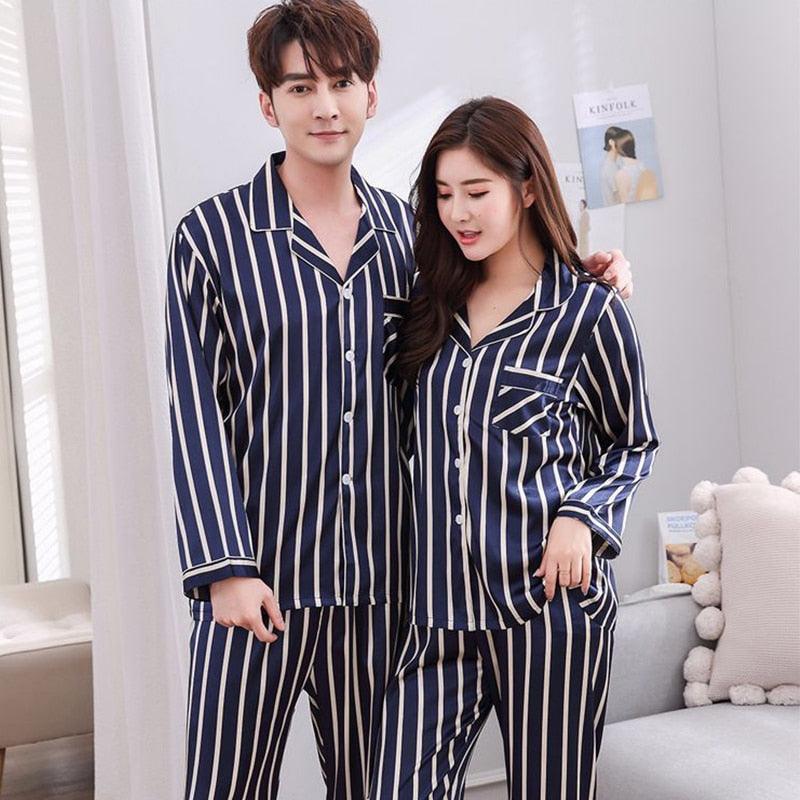 New Couple Pajama Sets - Silk Satin Striped Sleepwear - Lover Man & Woman Pajamas (ZP3)