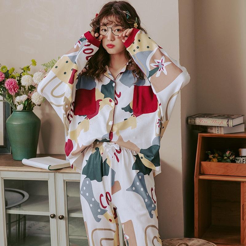 New Autumn Winter Sleepwear 2 Piece Sets - Women's Cotton Pajamas Turn-down Collar Set (ZP1)