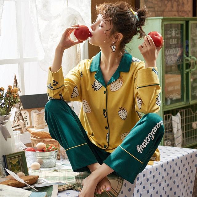New Autumn Winter Sleepwear 2 Piece Sets - Women's Cotton Pajamas Turn-down Collar Set (ZP1)