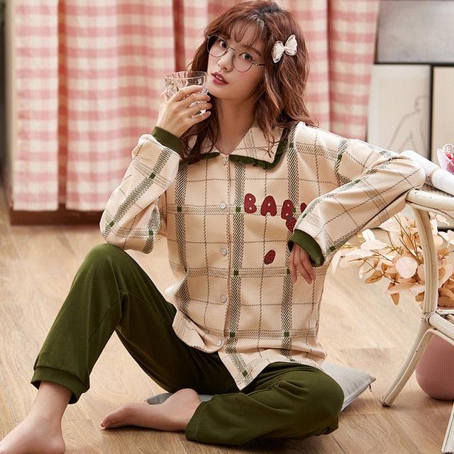 New Autumn Winter Sleepwear 2 Piece Sets - Women's Cotton Pajamas Turn-down Collar Set (ZP1)
