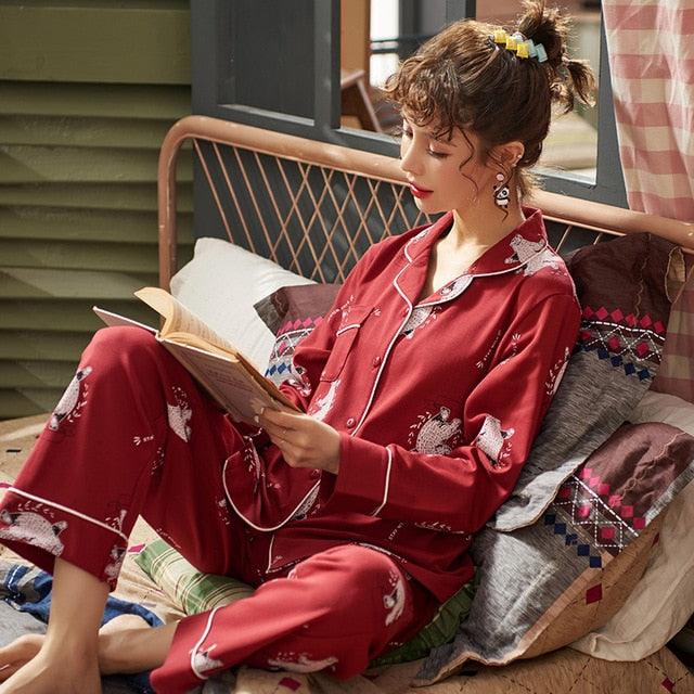 New Autumn Winter Sleepwear 2 Piece Sets - Women's Cotton Pajamas Turn-down Collar Set (ZP1)
