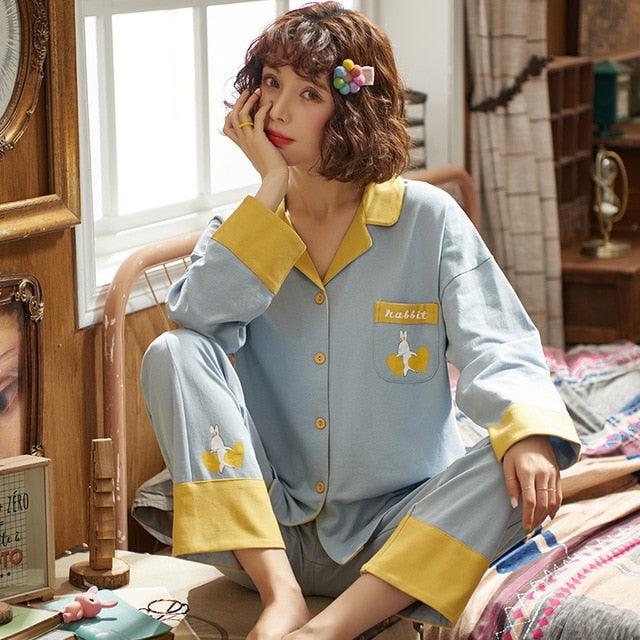 New Autumn Winter Sleepwear 2 Piece Sets - Women's Cotton Pajamas Turn-down Collar Set (ZP1)