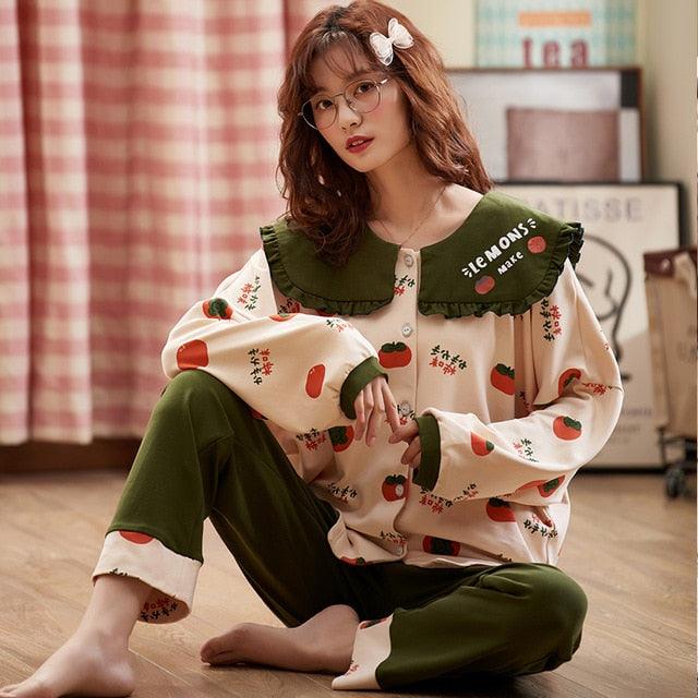 New Autumn Winter Sleepwear 2 Piece Sets - Women's Cotton Pajamas Turn-down Collar Set (ZP1)