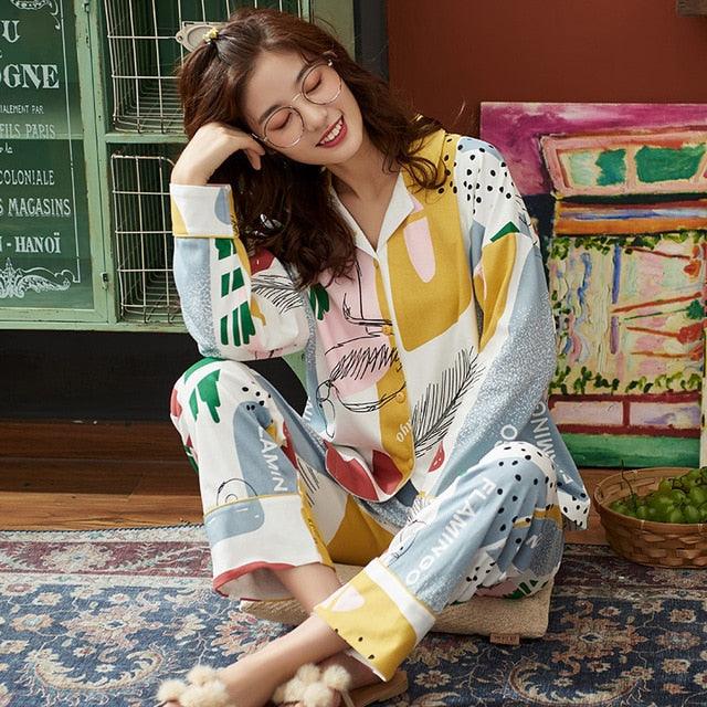 New Autumn Winter Sleepwear 2 Piece Sets - Women's Cotton Pajamas Turn-down Collar Set (ZP1)