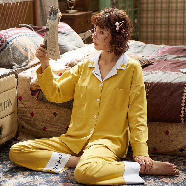 New Autumn Winter Sleepwear 2 Piece Sets - Women's Cotton Pajamas Turn-down Collar Set (ZP1)