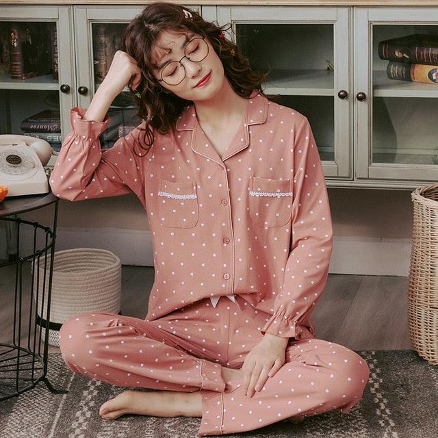 New Autumn Winter Sleepwear 2 Piece Sets - Women's Cotton Pajamas Turn-down Collar Set (ZP1)