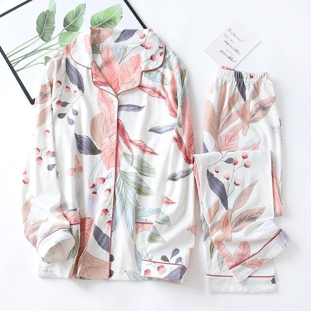 New Autumn Winter Sleepwear 2 Piece Sets - Women's Cotton Pajamas Turn-down Collar Set (ZP1)