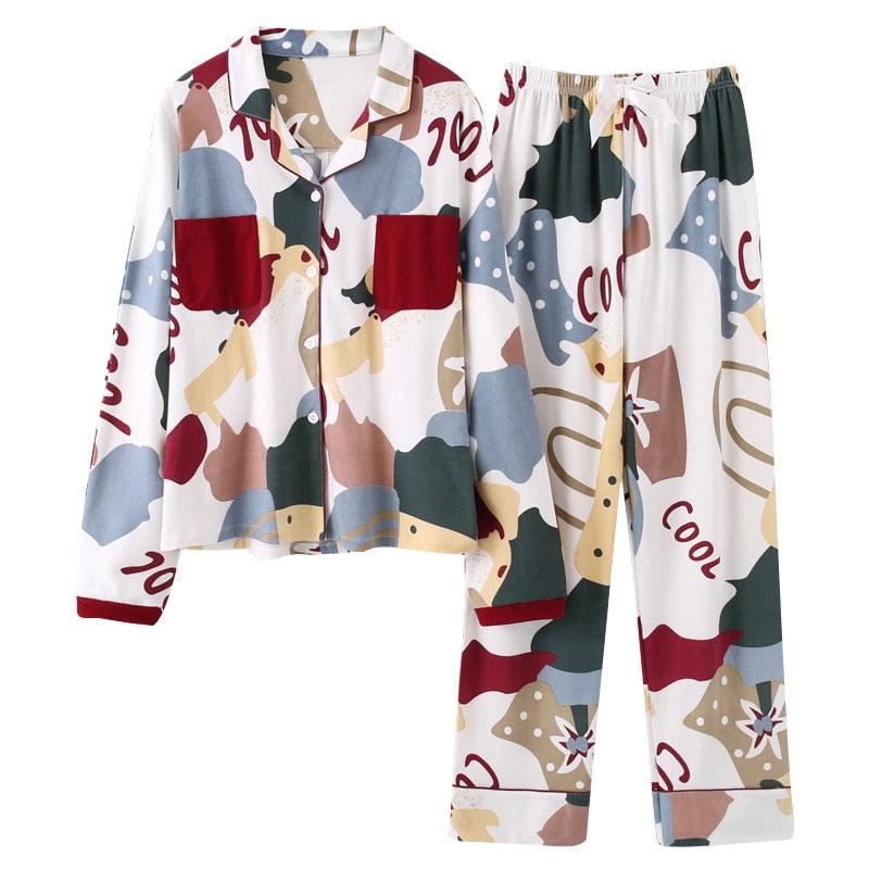 New Autumn Winter Sleepwear 2 Piece Sets - Women's Cotton Pajamas Turn-down Collar Set (ZP1)