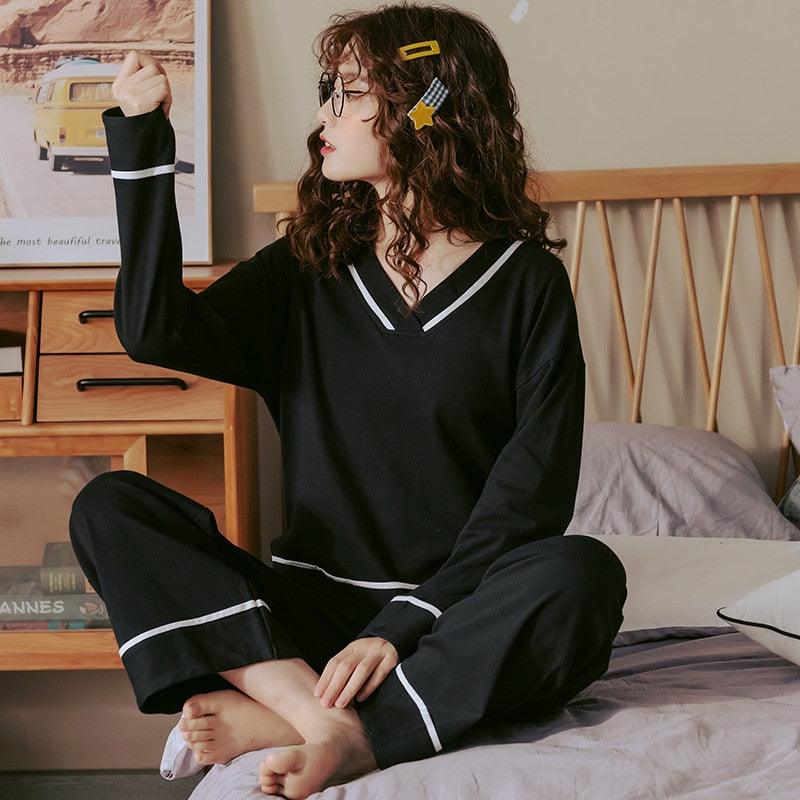 Trending Women's V-Neck Sleepwear Pajamas Sets - Cute Bow Nighty Long Sleeves & Long Pans (ZP1)