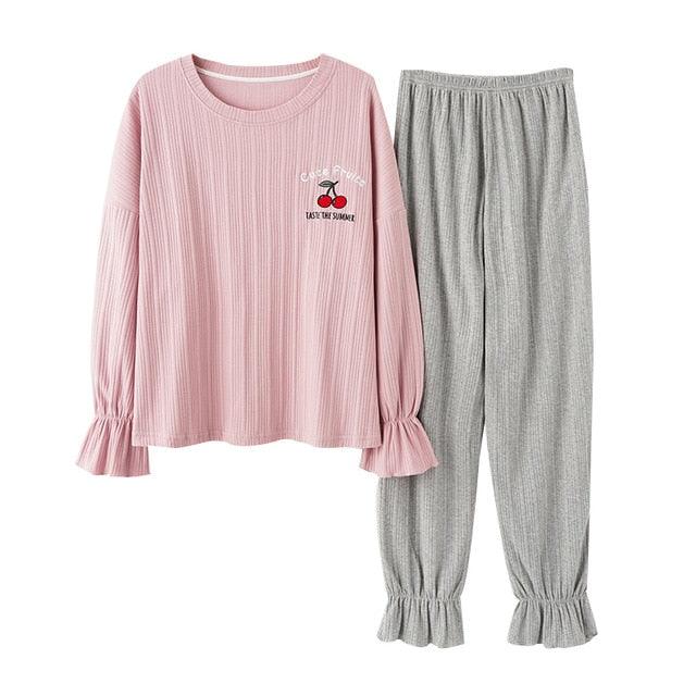 Trending Women's V-Neck Sleepwear Pajamas Sets - Cute Bow Nighty Long Sleeves & Long Pans (ZP1)