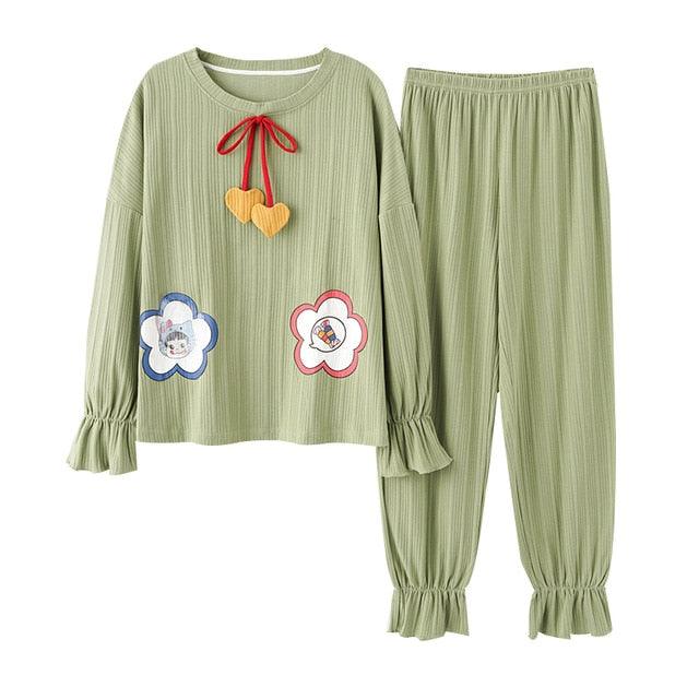 Trending Women's V-Neck Sleepwear Pajamas Sets - Cute Bow Nighty Long Sleeves & Long Pans (ZP1)