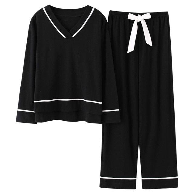 Trending Women's V-Neck Sleepwear Pajamas Sets - Cute Bow Nighty Long Sleeves & Long Pans (ZP1)