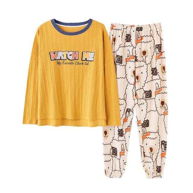 Trending Women's V-Neck Sleepwear Pajamas Sets - Cute Bow Nighty Long Sleeves & Long Pans (ZP1)