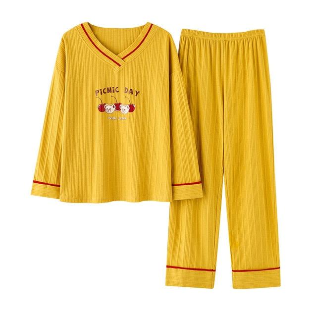 Trending Women's V-Neck Sleepwear Pajamas Sets - Cute Bow Nighty Long Sleeves & Long Pans (ZP1)