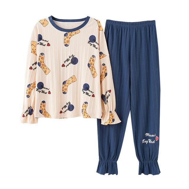Trending Women's V-Neck Sleepwear Pajamas Sets - Cute Bow Nighty Long Sleeves & Long Pans (ZP1)