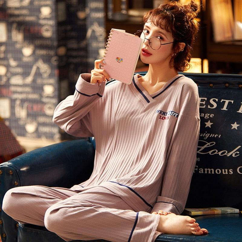 Trending Women's V-Neck Sleepwear Pajamas Sets - Cute Bow Nighty Long Sleeves & Long Pans (ZP1)