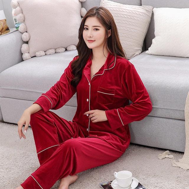 Cute Velvet Couple Pajamas Set - Turn Down Collar Long Sleeve Sleepwear - Leisure Pajama Clothes (ZP3)(F90)