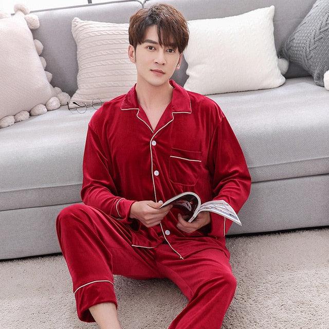 Cute Velvet Couple Pajamas Set - Turn Down Collar Long Sleeve Sleepwear - Leisure Pajama Clothes (ZP3)(F90)