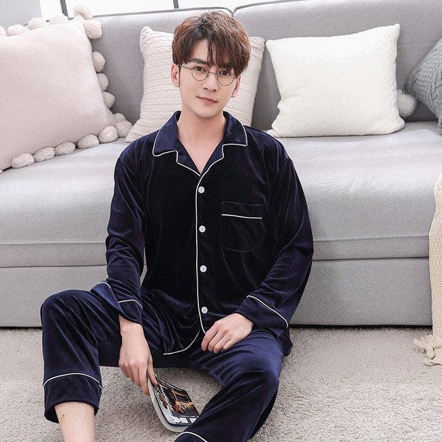 Cute Velvet Couple Pajamas Set - Turn Down Collar Long Sleeve Sleepwear - Leisure Pajama Clothes (ZP3)(F90)