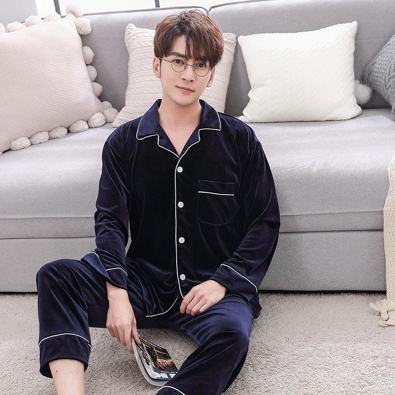 Cute Velvet Couple Pajamas Set - Turn Down Collar Long Sleeve Sleepwear - Leisure Pajama Clothes (ZP3)(F90)