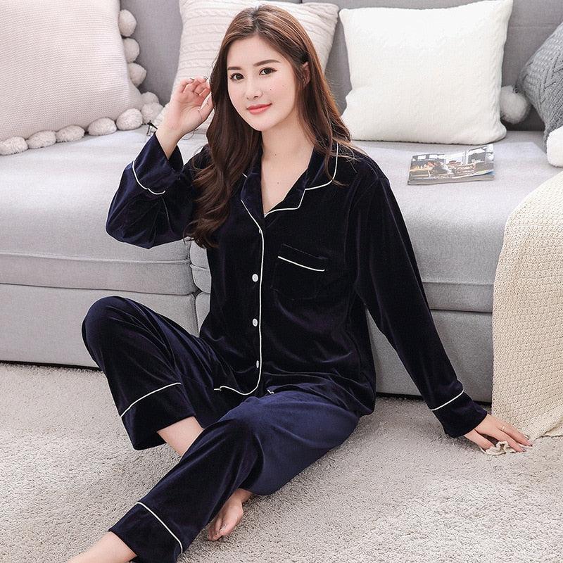 Cute Velvet Couple Pajamas Set - Turn Down Collar Long Sleeve Sleepwear - Leisure Pajama Clothes (ZP3)(F90)