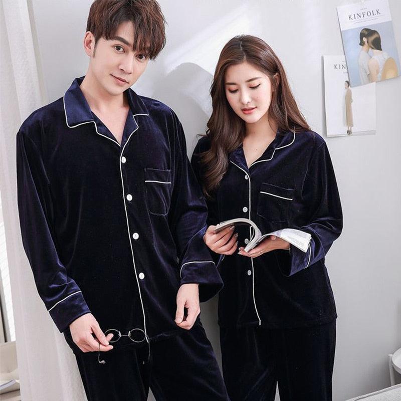 Cute Velvet Couple Pajamas Set - Turn Down Collar Long Sleeve Sleepwear - Leisure Pajama Clothes (ZP3)(F90)