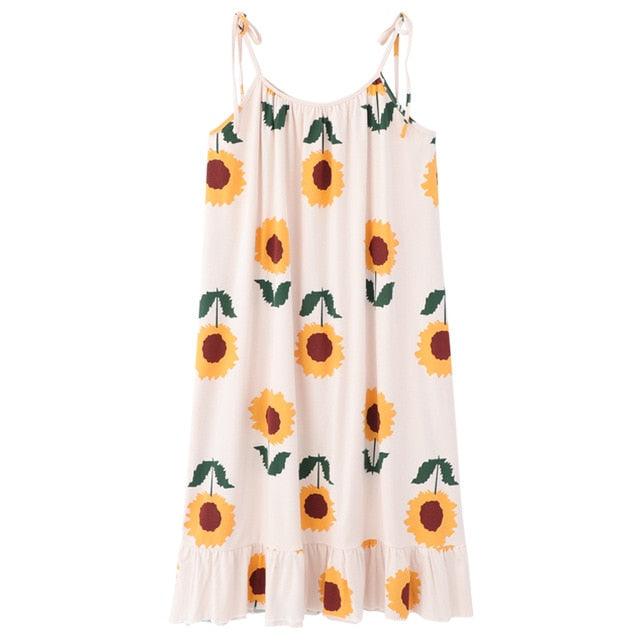 Women's Cotton Floral Print Night Dress - Sleeveless Ruffled Summer Sleepwear - Female Big Size (ZP2)(F90)