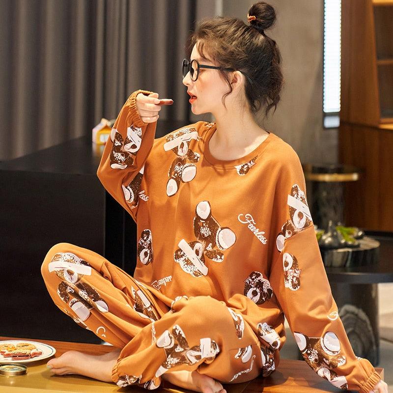 Cute Women's Pajamas Sets - Plus Size - Femme Nighty Casual Cotton Sleepwear - Cartoon V-Neck (ZP1)(F90)