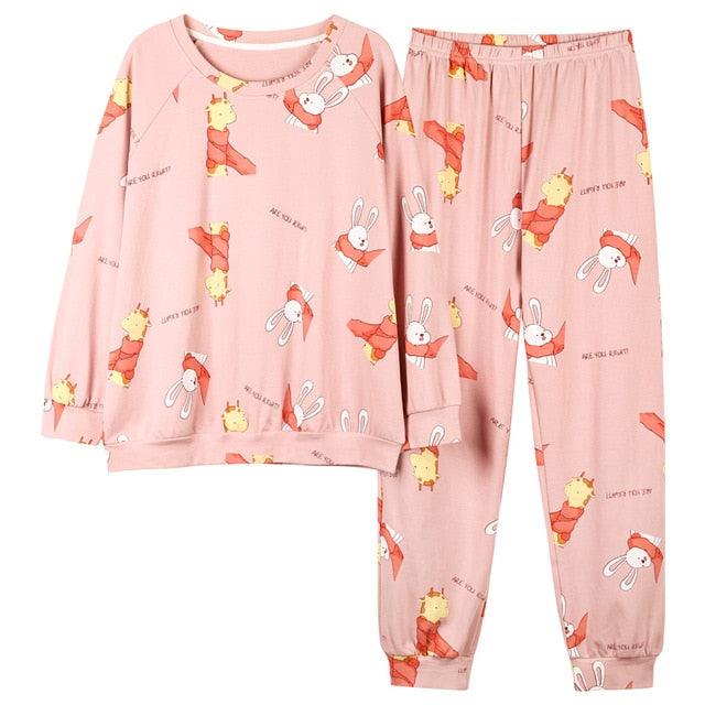 Cute Women's Pajamas Sets - Plus Size - Femme Nighty Casual Cotton Sleepwear - Cartoon V-Neck (ZP1)(F90)
