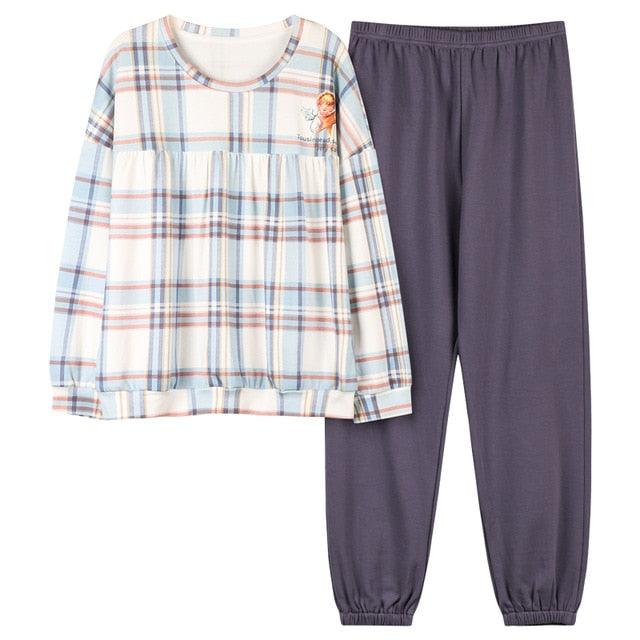Cute Women's Pajamas Sets - Plus Size - Femme Nighty Casual Cotton Sleepwear - Cartoon V-Neck (ZP1)(F90)