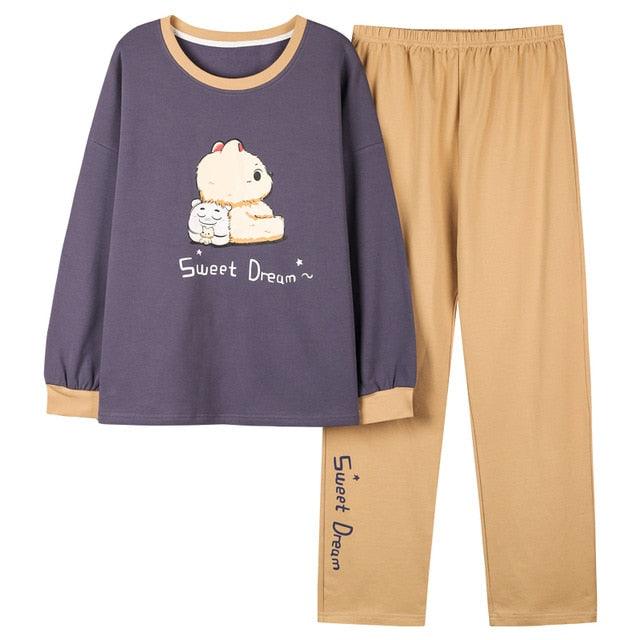 Cute Women's Pajamas Sets - Plus Size - Femme Nighty Casual Cotton Sleepwear - Cartoon V-Neck (ZP1)(F90)
