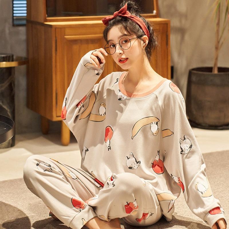 Cute Women's Pajamas Sets - Plus Size - Femme Nighty Casual Cotton Sleepwear - Cartoon V-Neck (ZP1)(F90)