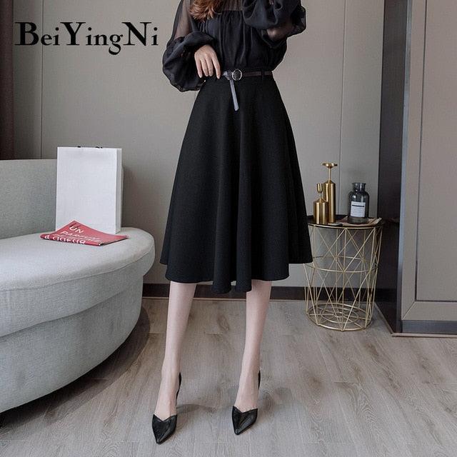 Gorgeous Women Skirt - Belt A Line Swing Elegant High Waist Office Clothes - Ladies Casual Spring Autumn Skirt (D23)(D20)(TB7)(TP6)