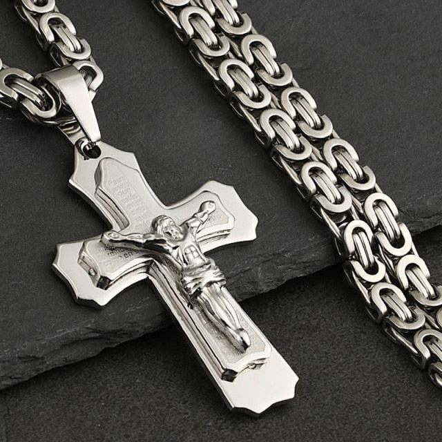 Bible Silver Color Jesus Cross Stainless Steel Pendants Necklaces - Long Chain Necklace (MJ2)(F83)