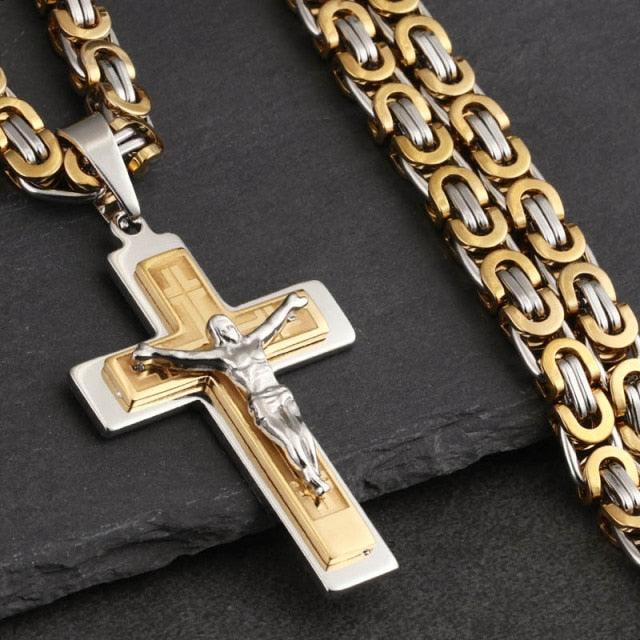 Bible Silver Color Jesus Cross Stainless Steel Pendants Necklaces - Long Chain Necklace (MJ2)(F83)