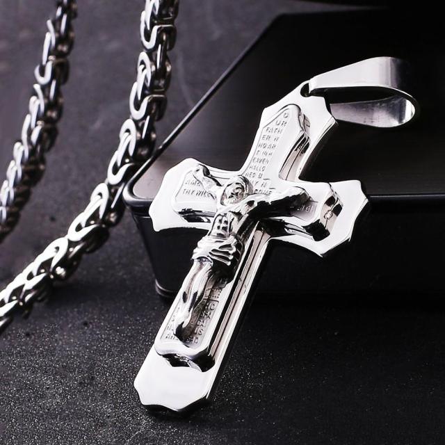Bible Silver Color Jesus Cross Stainless Steel Pendants Necklaces - Long Chain Necklace (MJ2)(F83)