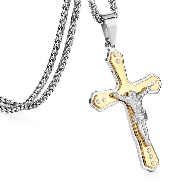 Bible Silver Color Jesus Cross Stainless Steel Pendants Necklaces - Long Chain Necklace (MJ2)(F83)