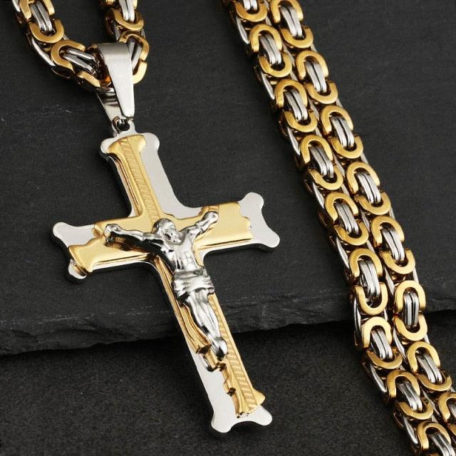 Bible Silver Color Jesus Cross Stainless Steel Pendants Necklaces - Long Chain Necklace (MJ2)(F83)