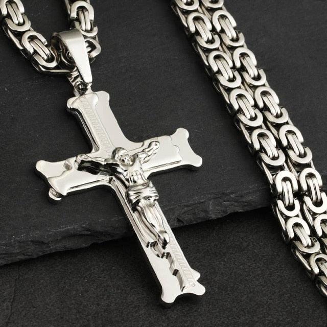 Bible Silver Color Jesus Cross Stainless Steel Pendants Necklaces - Long Chain Necklace (MJ2)(F83)