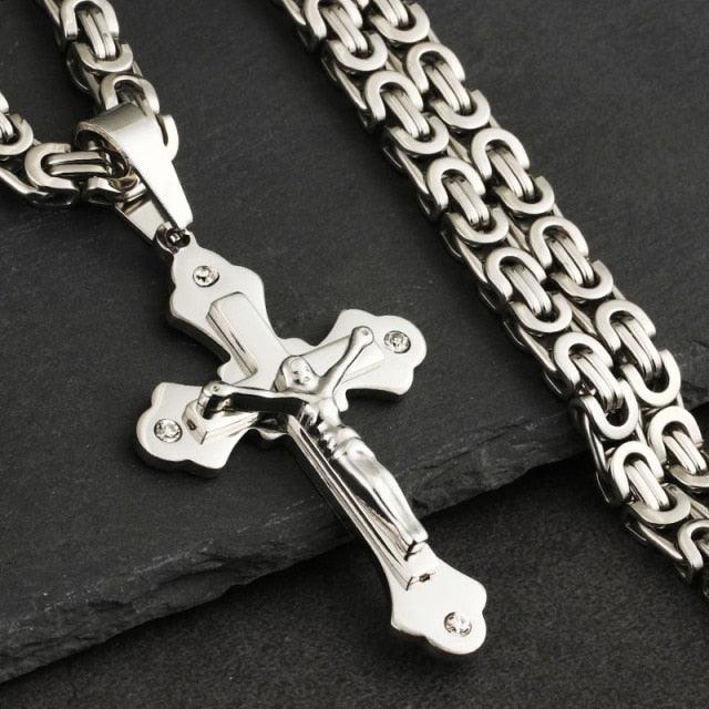 Bible Silver Color Jesus Cross Stainless Steel Pendants Necklaces - Long Chain Necklace (MJ2)(F83)