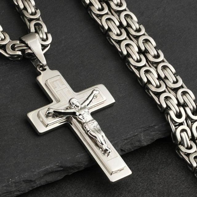 Bible Silver Color Jesus Cross Stainless Steel Pendants Necklaces - Long Chain Necklace (MJ2)(F83)