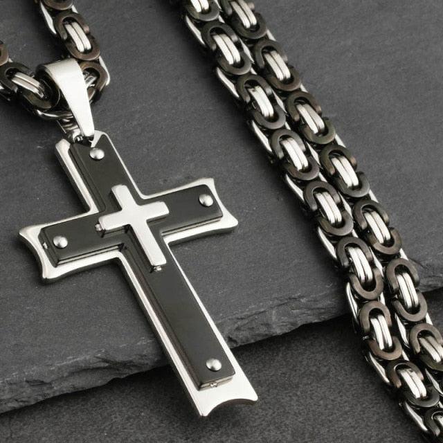 Bible Silver Color Jesus Cross Stainless Steel Pendants Necklaces - Long Chain Necklace (MJ2)(F83)