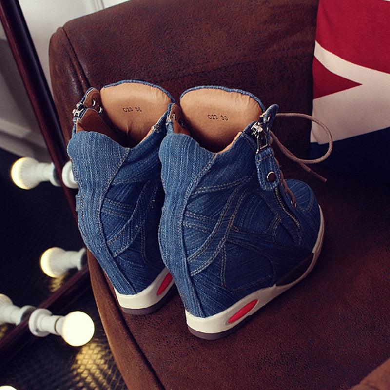 Big Size Women Denim Wedges Sneakers - Autumn Platform Casual Shoes - Side Zipper (BWS7)(WO4)(CD)(BB1)(F41)(F42)
