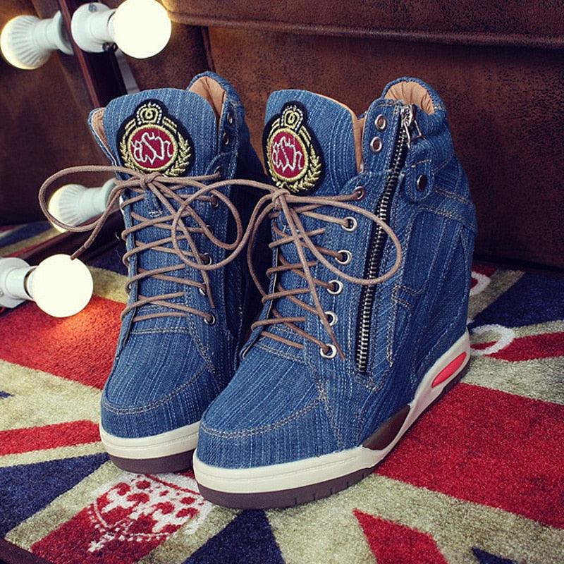 Big Size Women Denim Wedges Sneakers - Autumn Platform Casual Shoes - Side Zipper (BWS7)(WO4)(CD)(BB1)(F41)(F42)