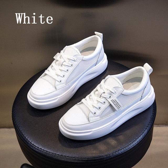 Big Size Women Cool Sneakers - Autumn Leather Light Footwear - Female Platform Vulcanized Shoes (BWS7)(F41)