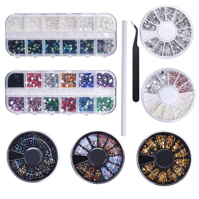 9pcs/Set 3D Nail Art Rhinestone Set 2 box+5 Wheels Nail Crystals Glitter Rhinestone Nail Kits Set (N8)(1U85)