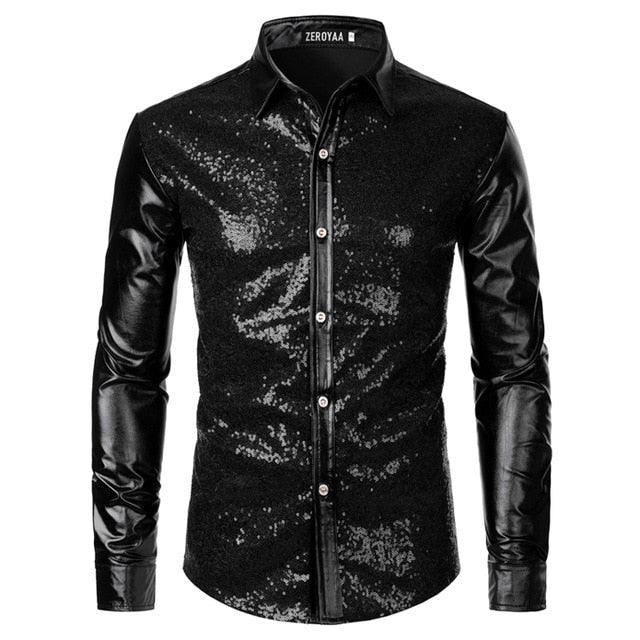 men's glitter dress shirt Men Sequins Blouse Shirt Tops Shiny Glitter Disco Club Costume Loose Dance Black