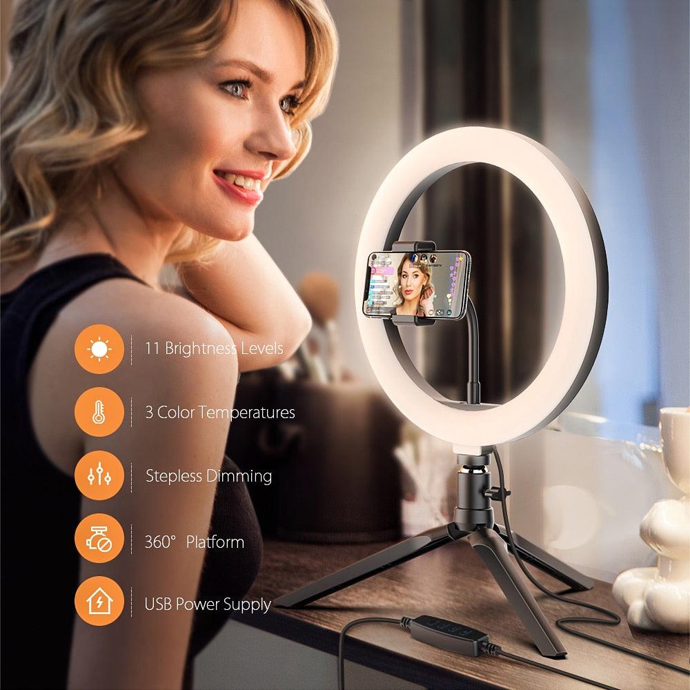 Trending 26cm Photo Studio Fill Light Flash LED Phone Holder Selfie Stick bluetooth Remote Live Stream Removable Tripod Stand (RS)(1U50)