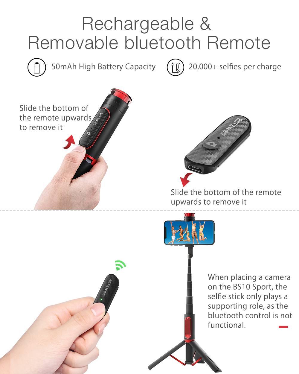 BW-BS10 Sport All In One Wireless Bluetooth Selfie Stick Foldable Monopod Tripod Selfie Sticks for Camera Phones (RS)(1U50)