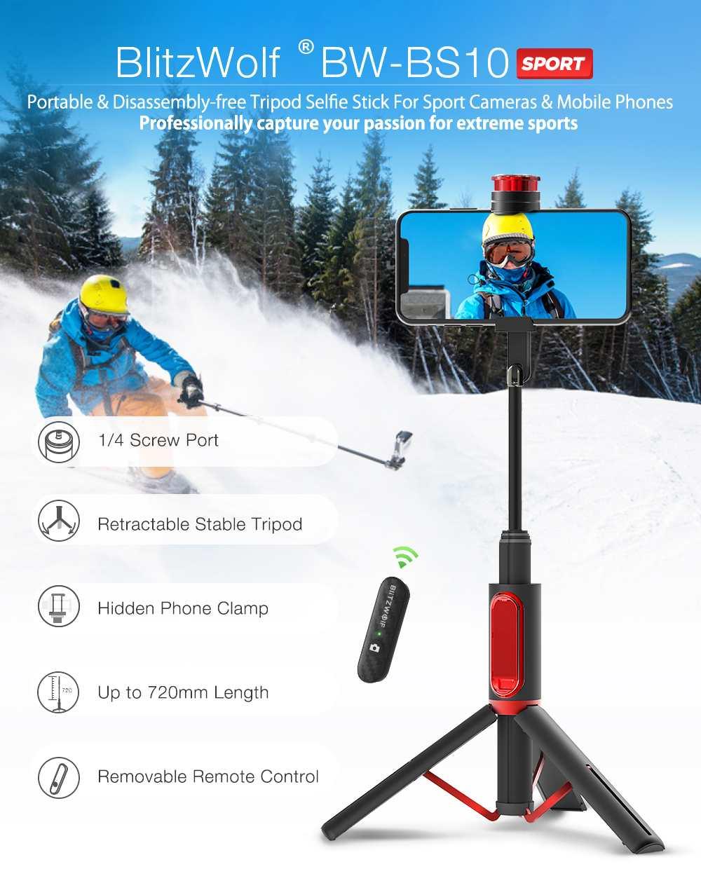 BW-BS10 Sport All In One Wireless Bluetooth Selfie Stick Foldable Monopod Tripod Selfie Sticks for Camera Phones (RS)(1U50)